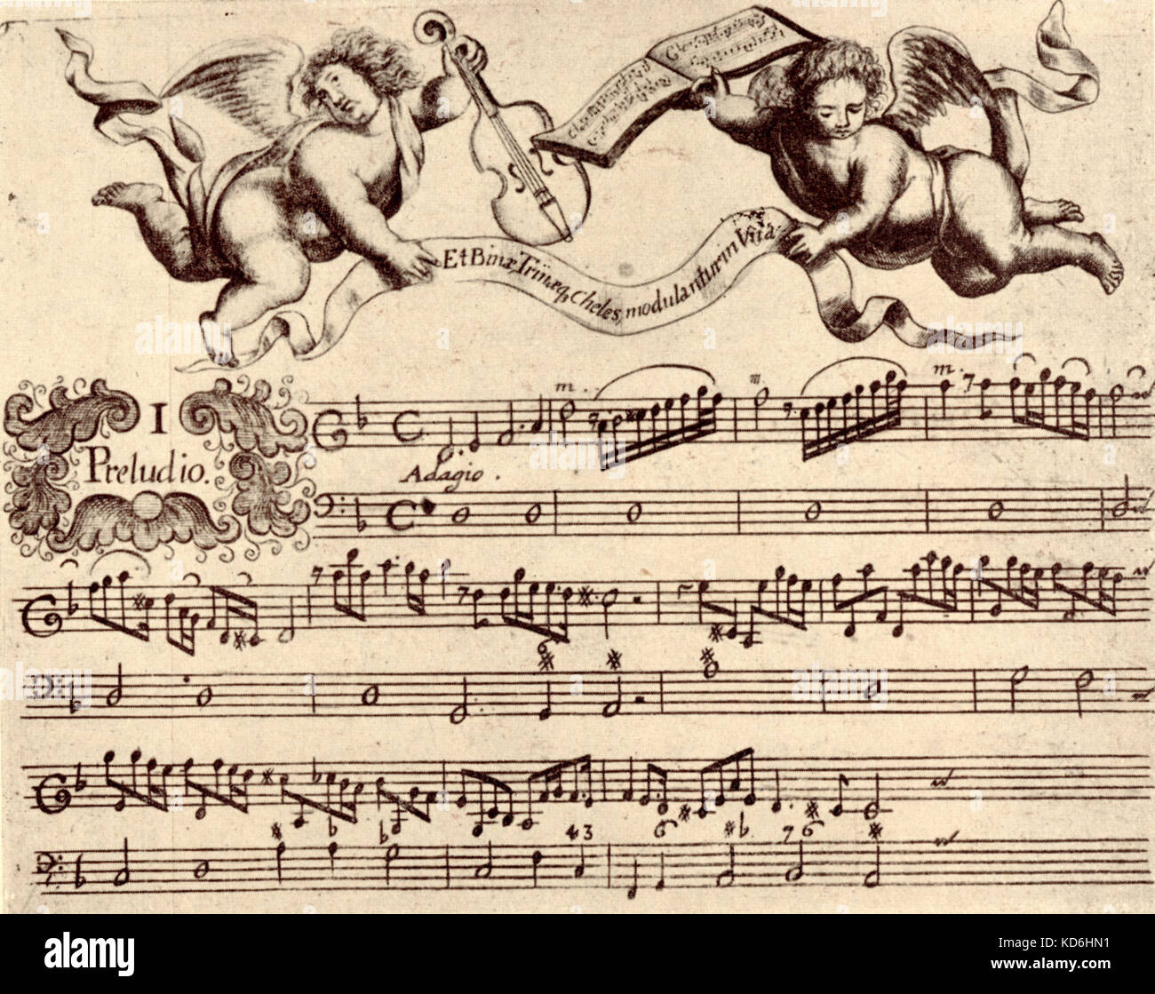 Johann Jacob Walther musicale del cliente dalla pagina 1 di Hortulus Chelicus, pubblicato Mainz, 1688 da L..Bourgeat per solista vioin. Tedesco brillante virtuoso di violino e compositore 1650 -1717. Nel servizio del principe elettore di Sassonia e successivamente di Magonza. Foto Stock