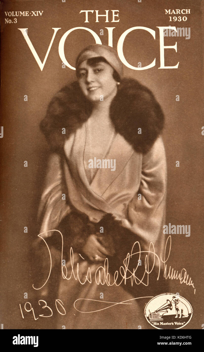 Elisabeth Schumann sulla copertina di "La Voce", Vol XIV,no.3, marzo 1930. Firmato. Soprano tedesca 1888-1952. La sua voce del padrone. Foto Stock