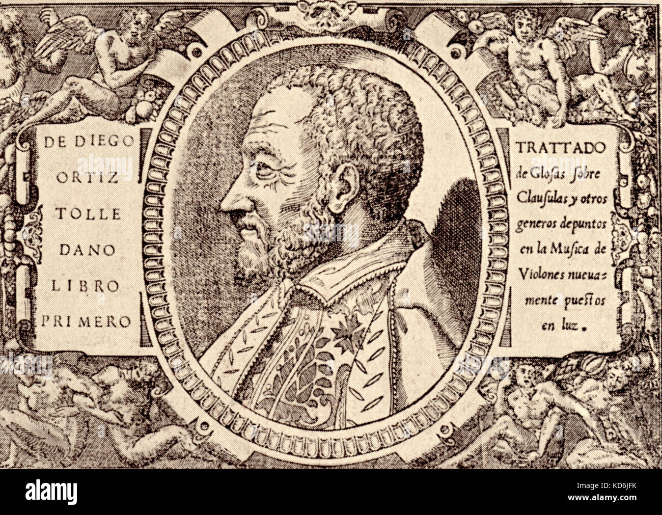 Diego Ortiz ritratto del compositore spagnolo. 1510-1570. Preso dalla pagina del titolo di "Trattado de Glosas…en las Musica de Violines, Roma 1553. Foto Stock
