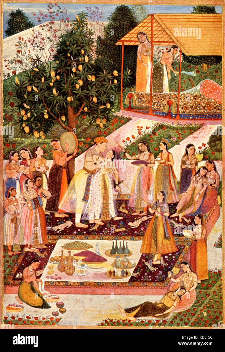 Pittura classica di un matrimonio indiano al di fuori. . Con le ragazze suonare il sitar, il tabla e tamburo. Biblioteca nazionale di Vienna Foto Stock
