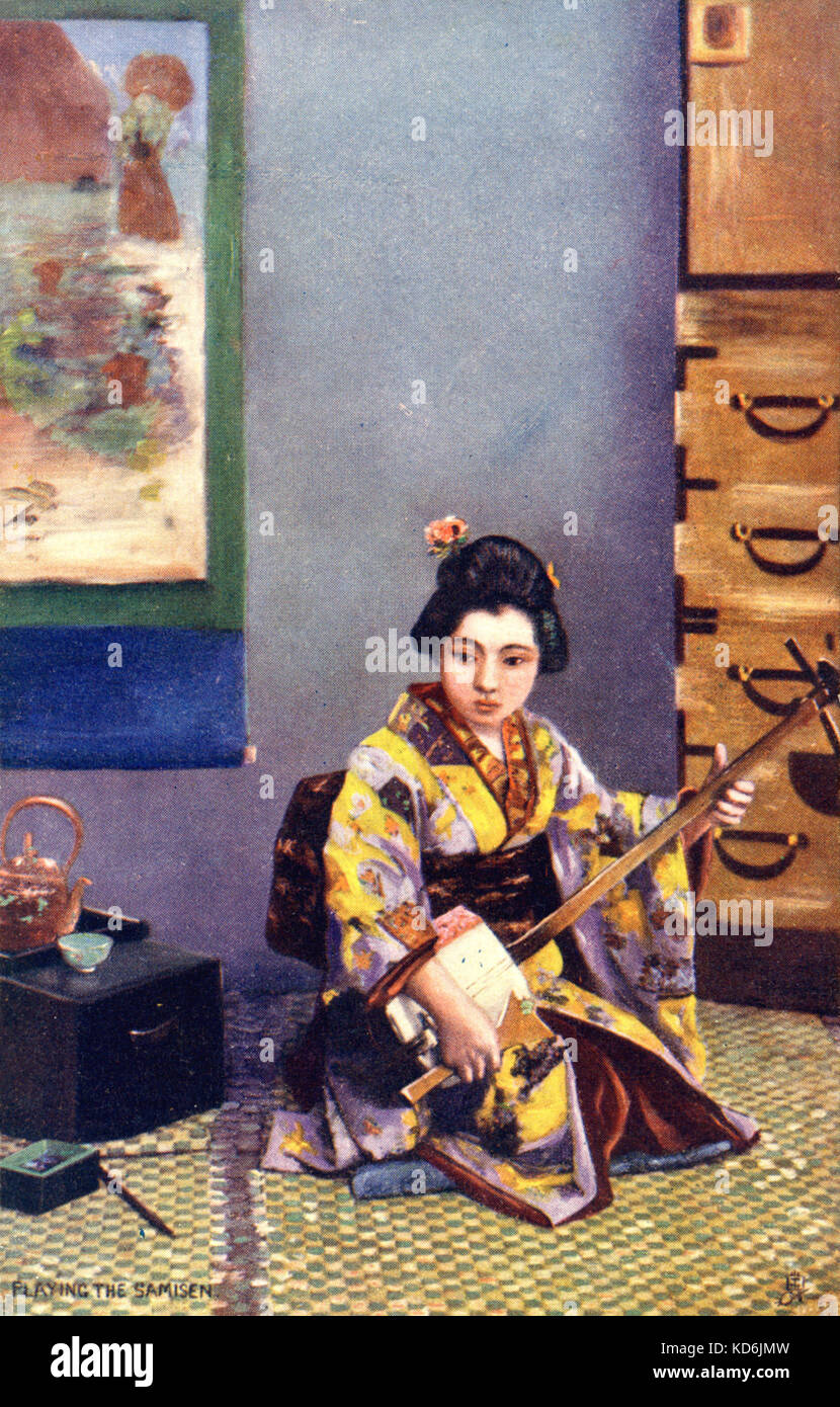 Signora giapponesi giocando il samisen. Indossare il kimono. Foto Stock