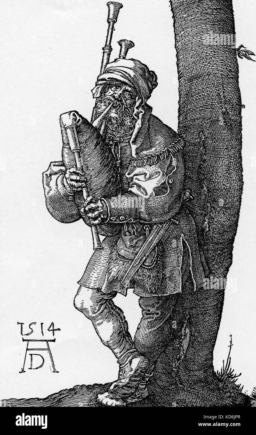 Lettore delle cornamuse. 1514 incisione di Albrecht Dürer. Bagpiper. Cornamusa. Foto Stock