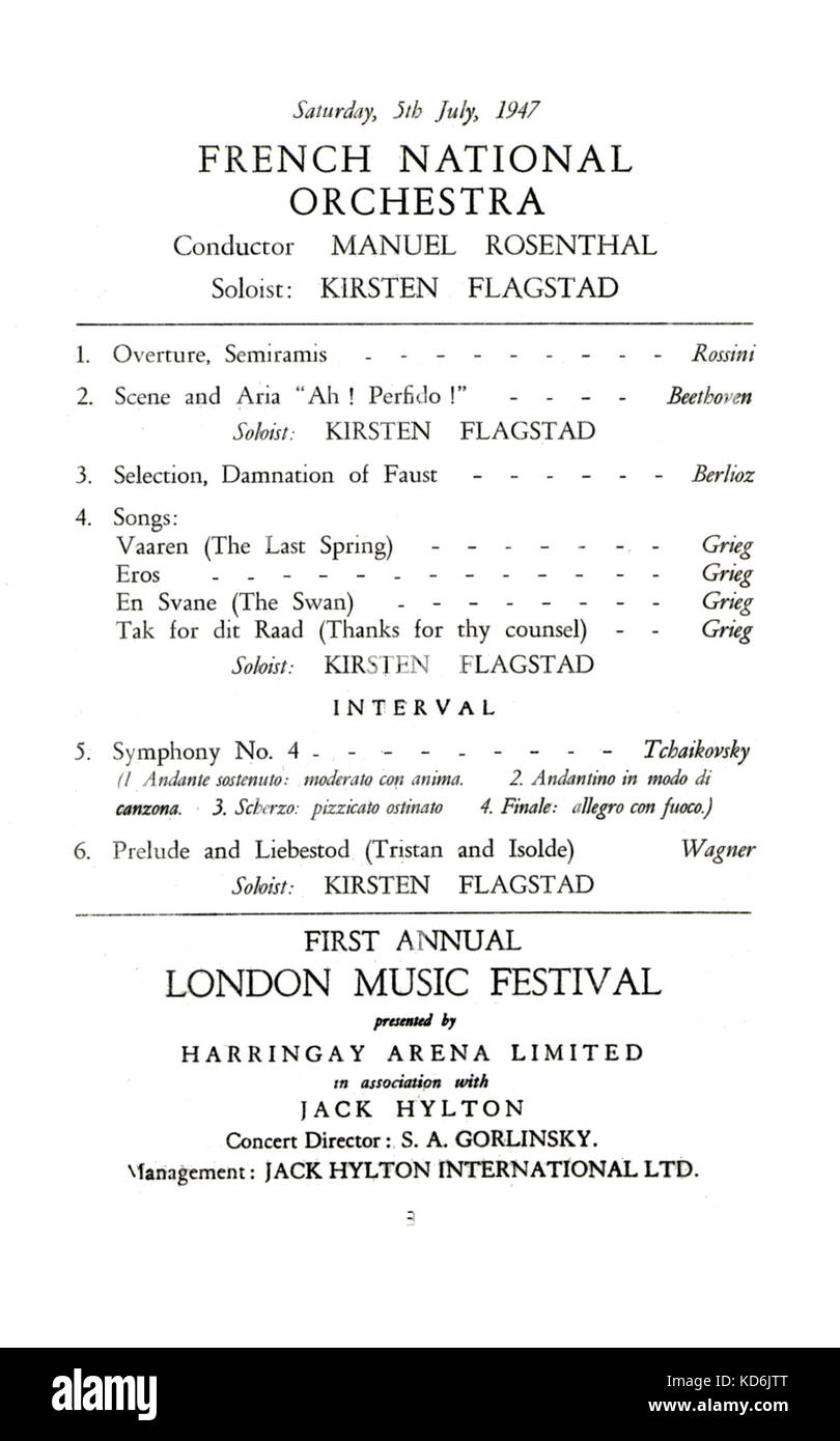 Pagina interna del programma per il London Music Festival di Harringay Arena, 5 luglio 1947. La Nazionale Francese Orchestra con il solista Kirsten Flagstad (Norvegese soprano, 1895-1962). Concerto diretto da Manuel Rosenthal. Foto Stock