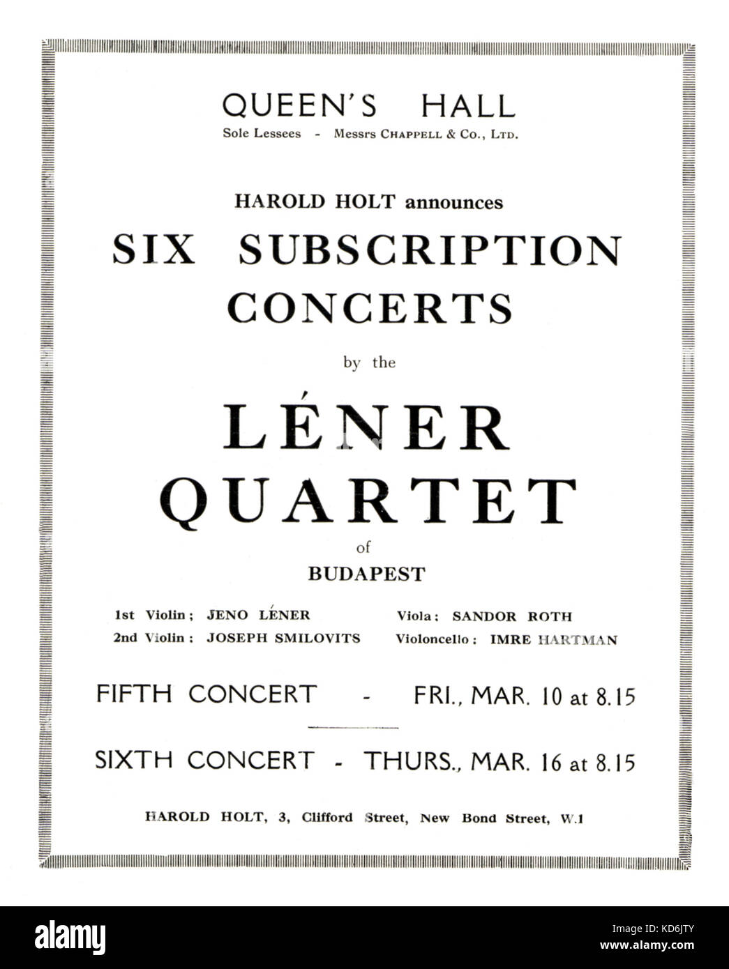 Pagina interna del programma per la serie di concerti presso la Queen's Hall di Londra dal Quartetto Léner di Budapest (Jeno Léner, Giuseppe Smilovits, Sandor Roth e Imre Hartman), 1932. Foto Stock