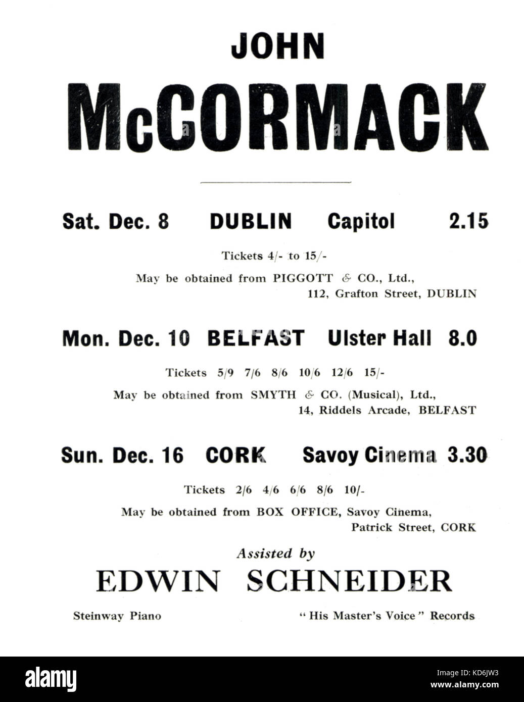All'interno della pagina del programma di John McCormack la serie di concerti. Elenco dei suoi punti in Irlanda, con Edwin Schneider al pianoforte, agli inizi degli anni trenta. Tenore irlandese, 1884-1945. Foto Stock