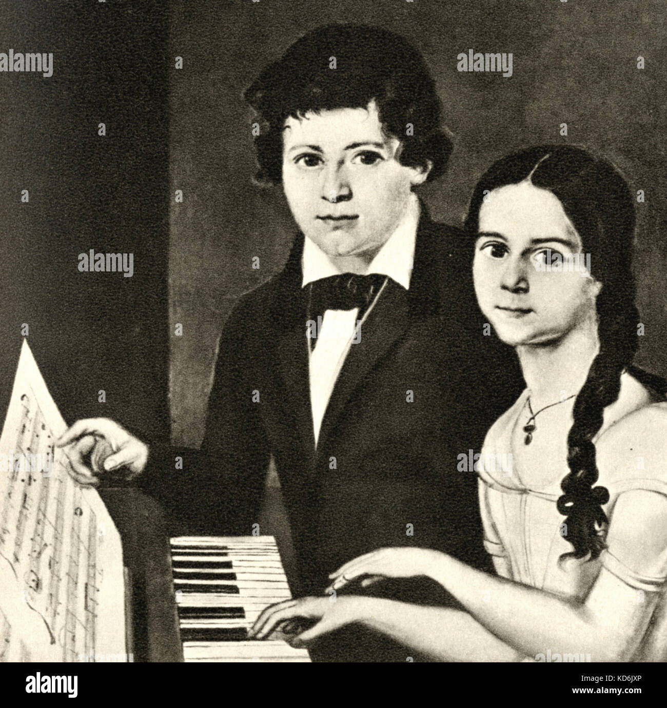 Giovane Verdi dando una lezione di piano alla Contessa Zaccaria. Compositore italiano (1813-1901). Foto Stock
