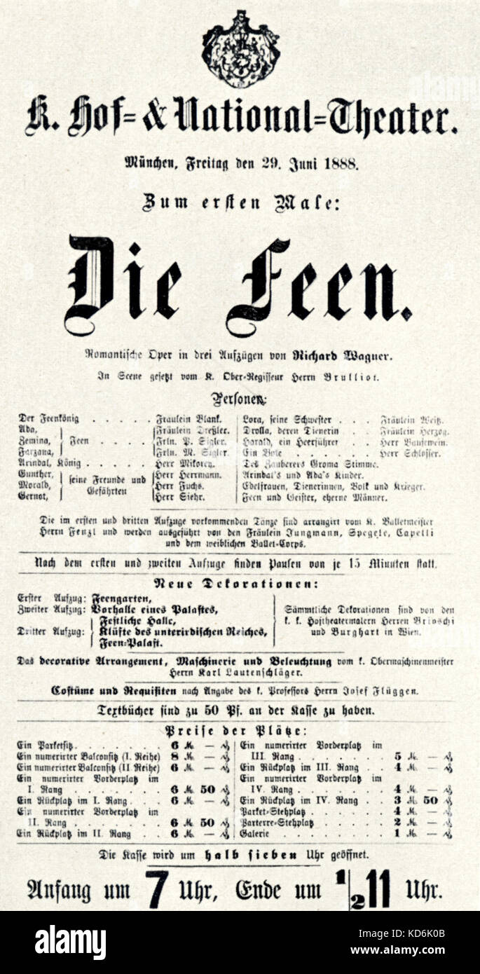 Poster per la premiere di Wagner's opera 'Die Feen', Monaco, 29 giugno 1888. Foto Stock