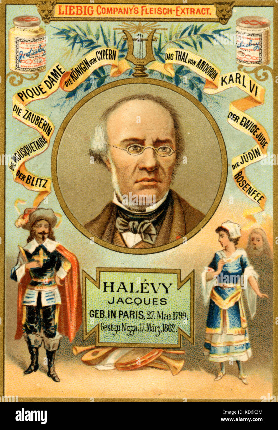 Jacques-François Halévy. Ritratto su carta di Liebig con illustrazione che mostra caratteri e titoli dalle sue opere. Il compositore francese, 1799-1862. Foto Stock