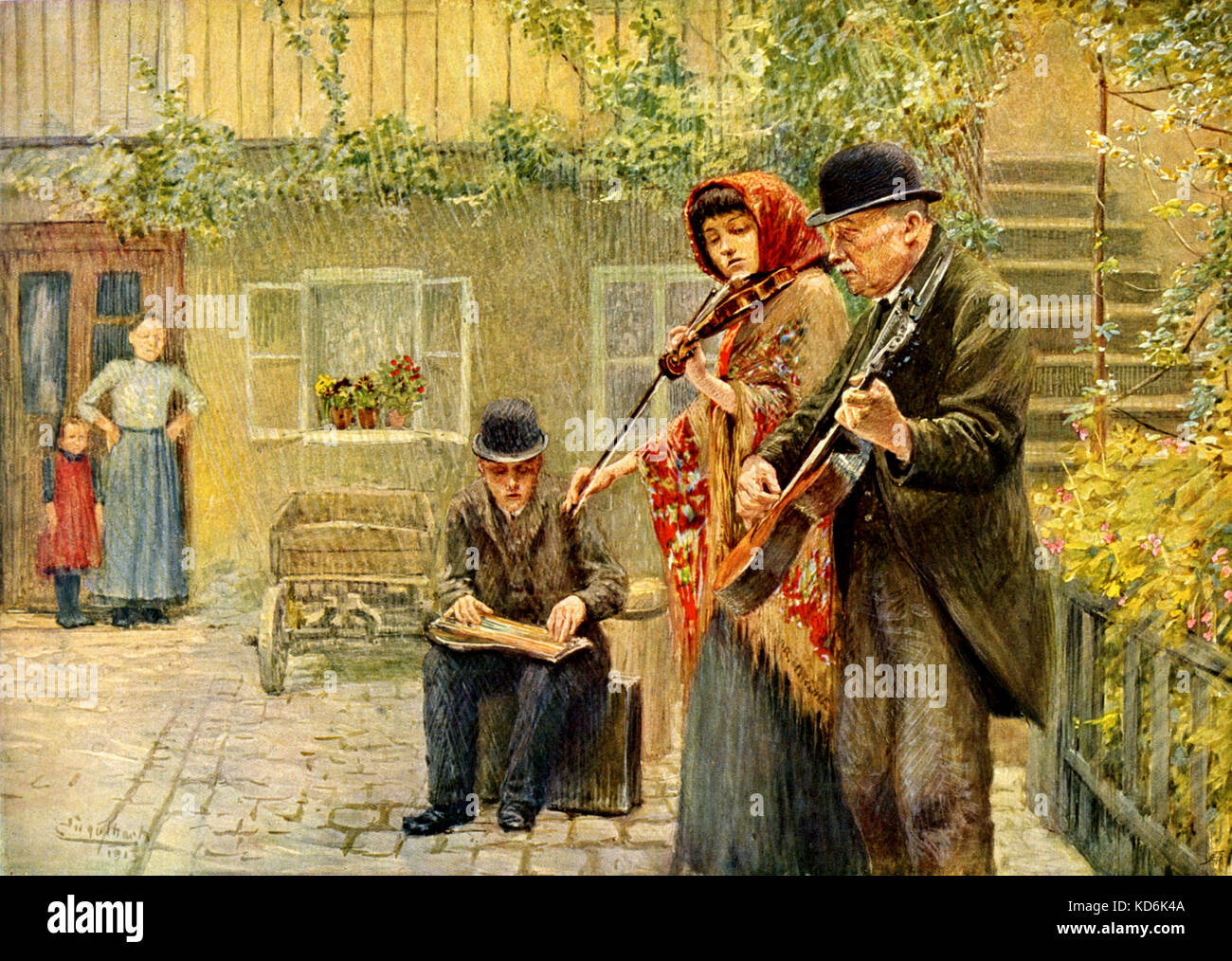 Cetra, violino (violino) e chitarra suonata dal musicista di strada trio nel inizio del XX secolo di Vienna. Illustrazione di Josef Engelhart, con parole dalla canzone: "Für mi' leucht ka' Sternderl am Himmel…", datato 1913.STRUMENTI - stringhe Foto Stock
