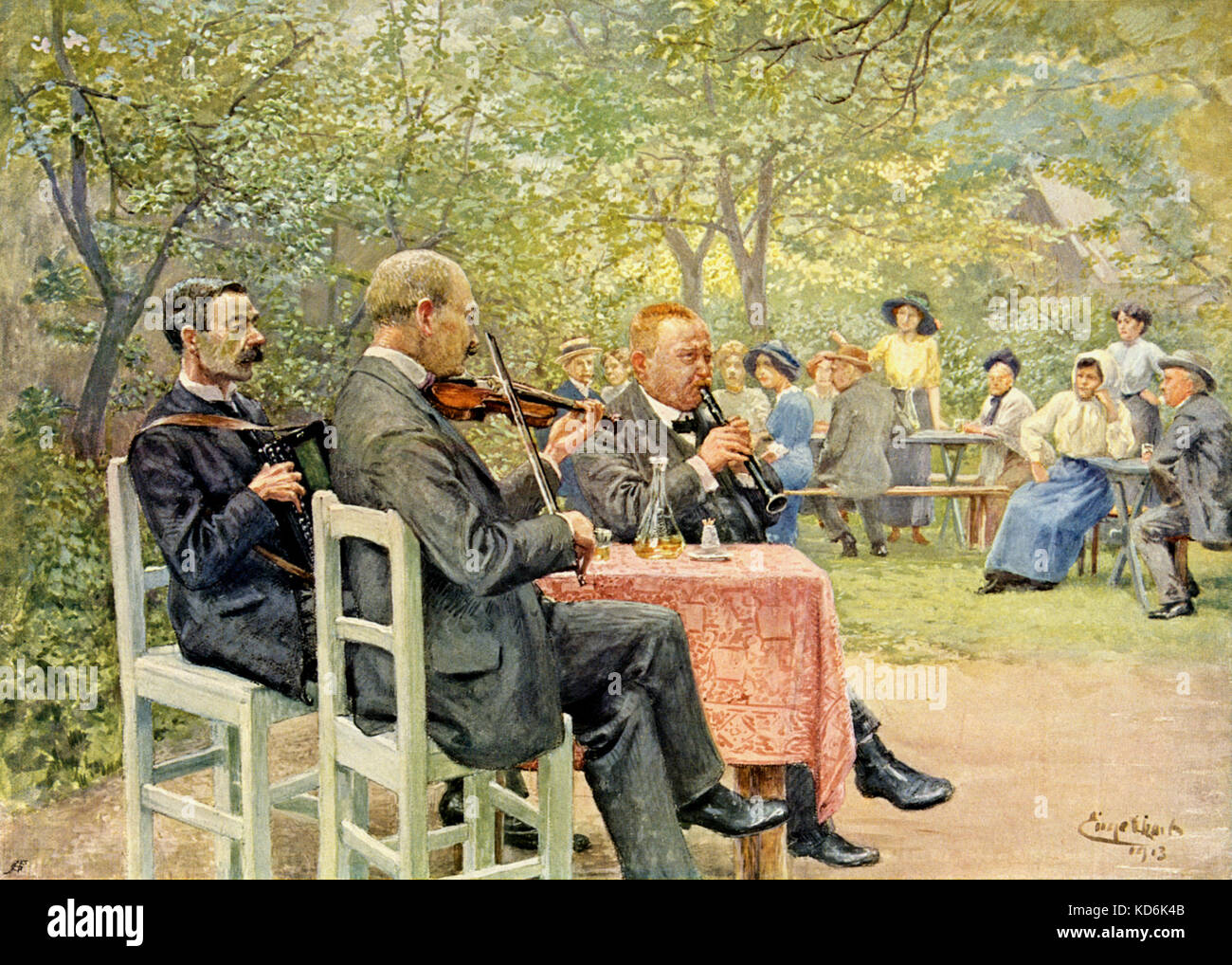 Fisarmonica e violino (violino) e piccolo clarinetto giocato da trio nel giardino del café/Tavern di inizio xx secolo Vienna. Illustrazione di Josef Engelhart, con parole dalla canzone: "Jessas! - 'S picksüasse Hölzl, datata 1913. Foto Stock