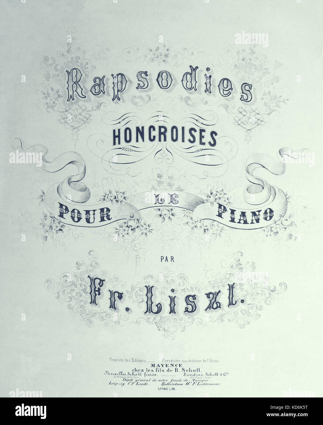 Liszt pagina titolo di Rapsodies Hongroises Pour le piano pubblicato nel 1853 da B. Schott. Punteggio ottenuto il coperchio. Ungherese pianista e compositore (1811-1886). Foto Stock