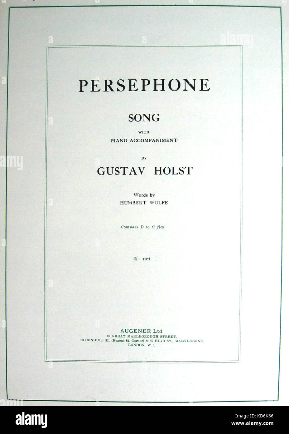 Gustav Holst 'Persefone Song' con accompagnamento di pianoforte di Gustav Holst. Parole da Humbert Wolfe. Londra, Augener Ltd, 1930 compositore inglese (1874-1934) Foto Stock