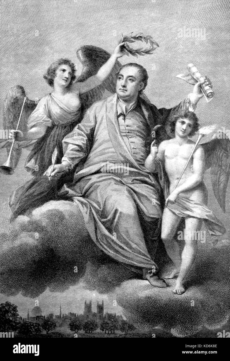 George Frideric Handel circondato dagli angeli in un ambiente paradisiaco. Dopo una incisione di Heath. Compositore tedesco-inglese, 1685-1759 Foto Stock
