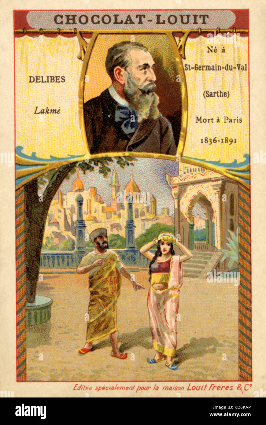 Lakmé scena di Léo Delibes' opera in prima assoluta per l'opéra comique in 1883. Il compositore francese, 1836-1891. Cartolina Chocolat-Louit. Cartolina Foto Stock