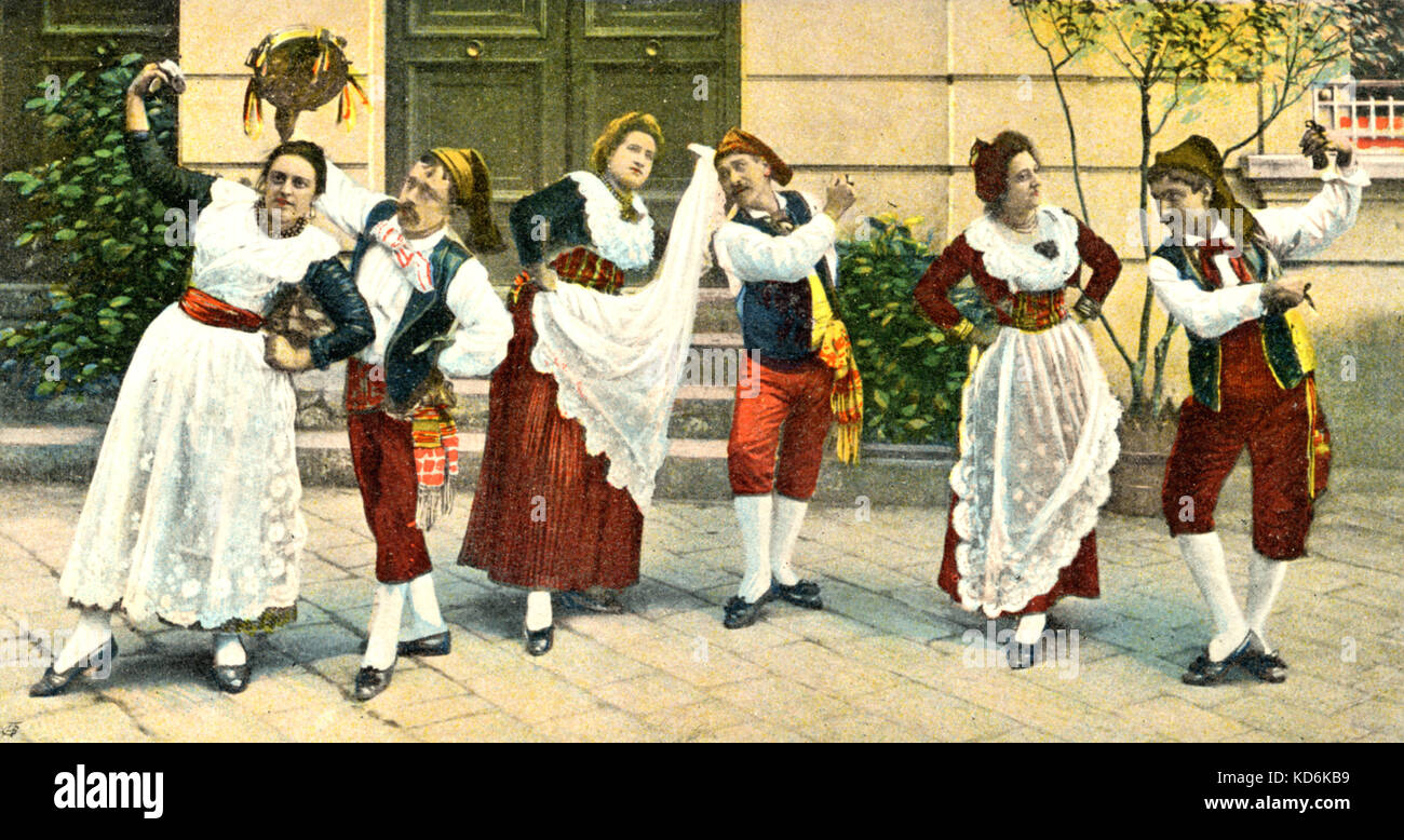 Tarantella ballerini , nei tradizionali costumi italiani. Gruppo tamburello. Nacchere. Nei primi anni del XX secolo pitturato cartolina. Foto Stock