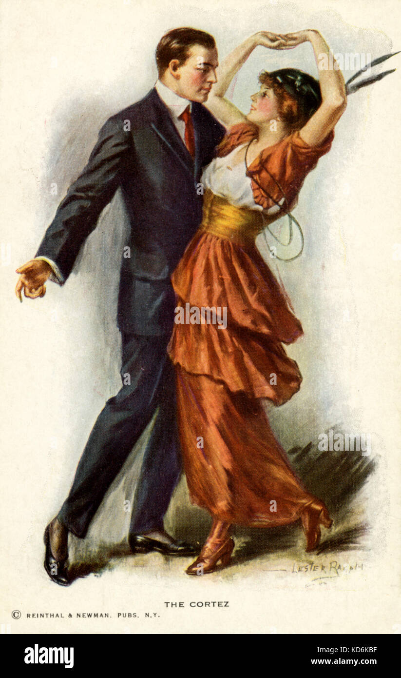 Coppia danzante il ballo di Cortez, fine 1910's. La danza dei Maya. Sala da ballo. Epoca edoardiana cartolina. Reinthal & Newman, New York. Foto Stock