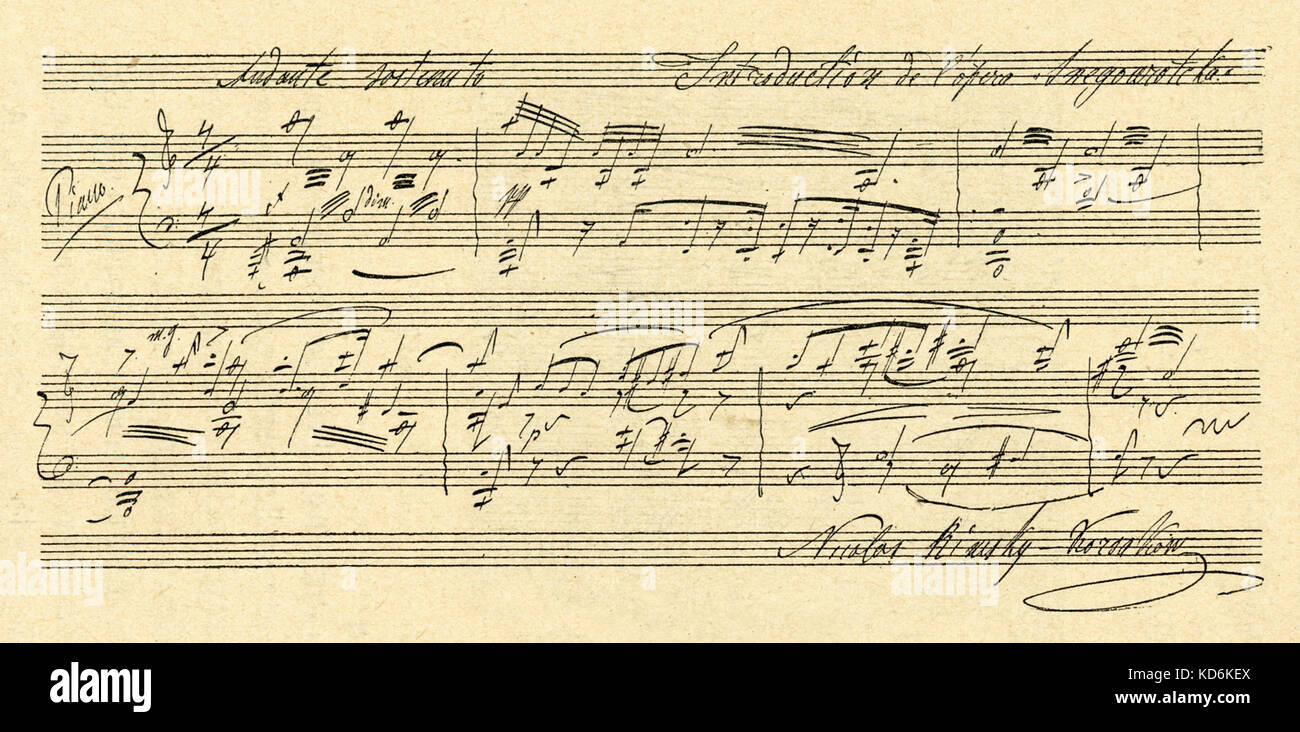 Punteggio. Nikolay Rimsky Korsakov a. Con firma. Il compositore russo, 18 marzo 1844 - 21 giugno 1908. Foto Stock