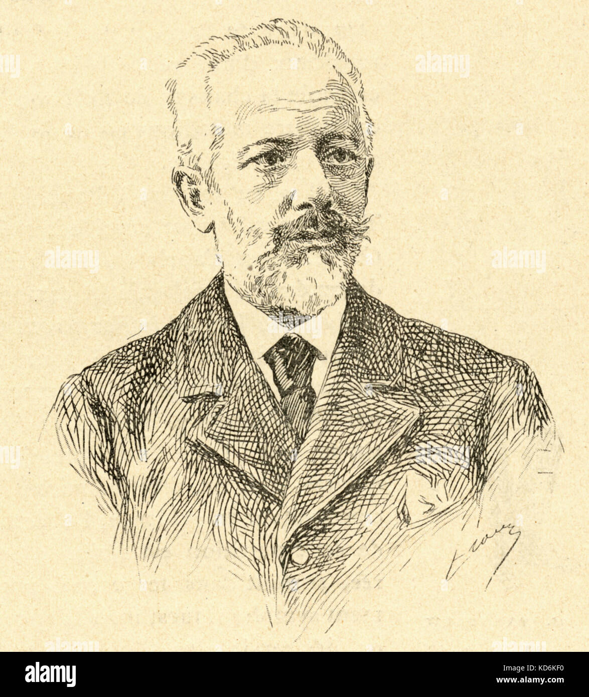 Pyotr Il'yich Tchaikovsky. Ritratto. Il compositore russo. Disegno della linea. 7 Maggio 1840 - 6 novembre 1893. Foto Stock