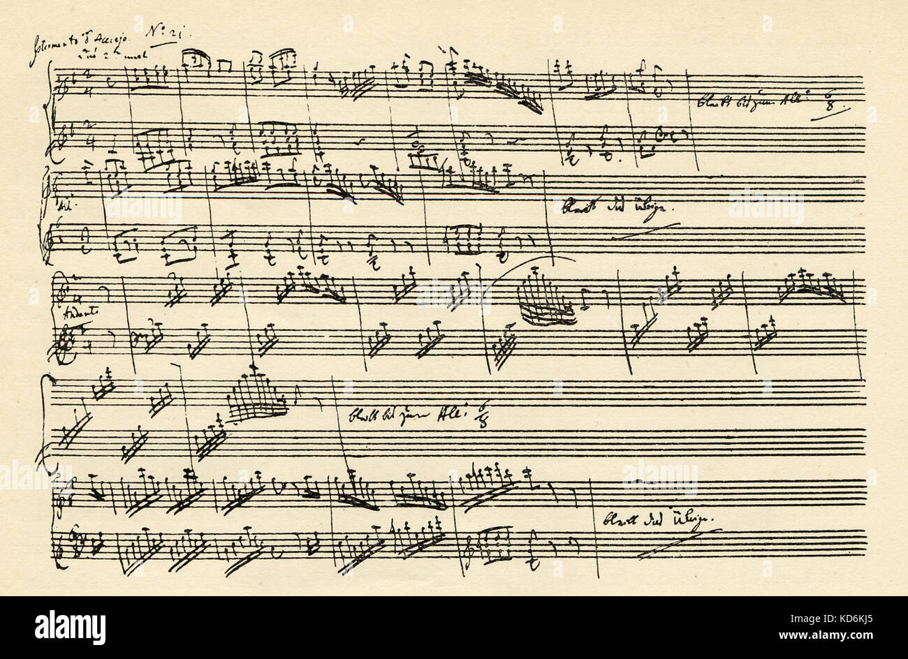 Mozart punteggio Zuberflöte. Manoscritto del Flauto magico Foto Stock