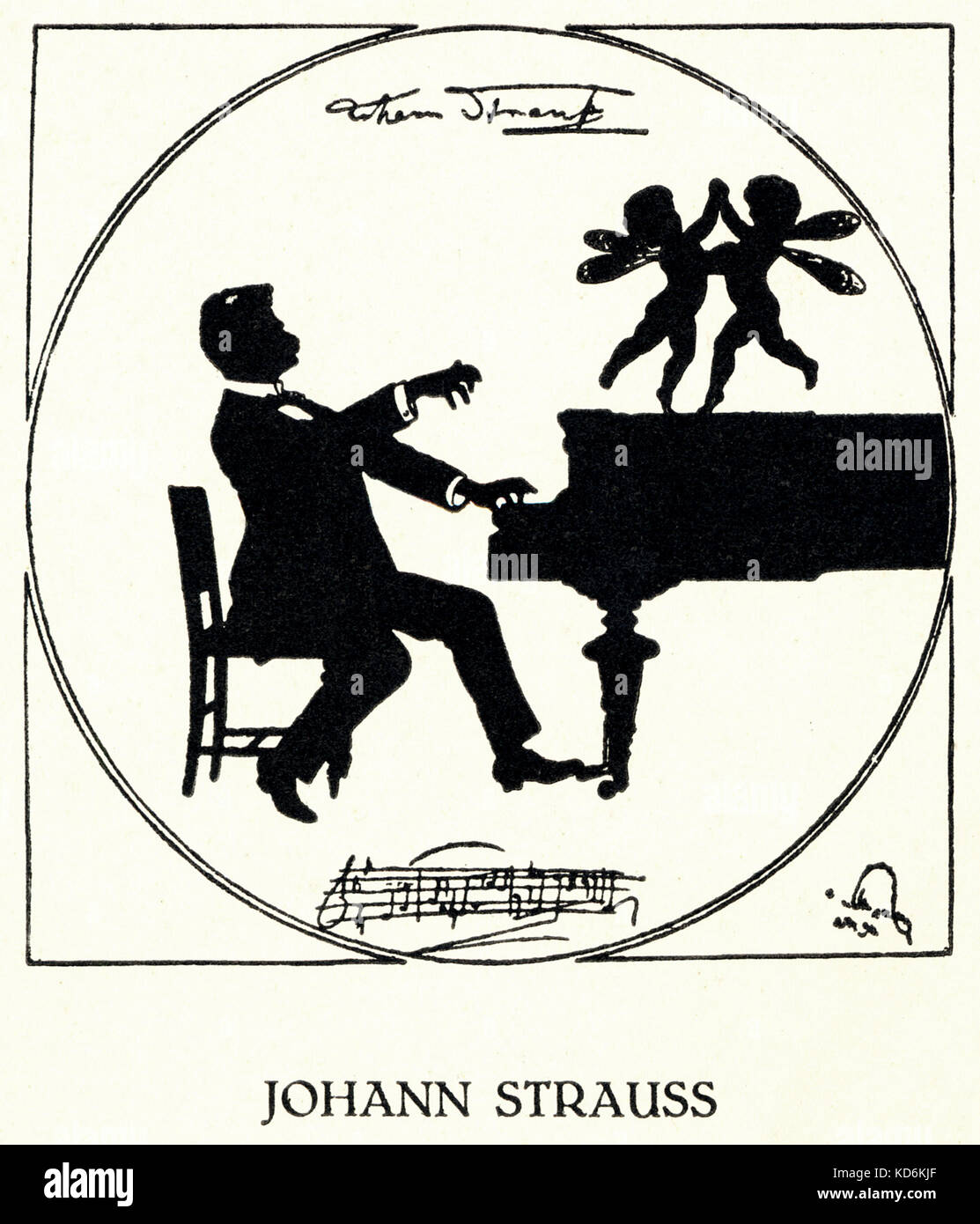Johann Strauss II al pianoforte - due angeli dancing/waltzing sulla sommità del pianoforte. Waltz Foto Stock