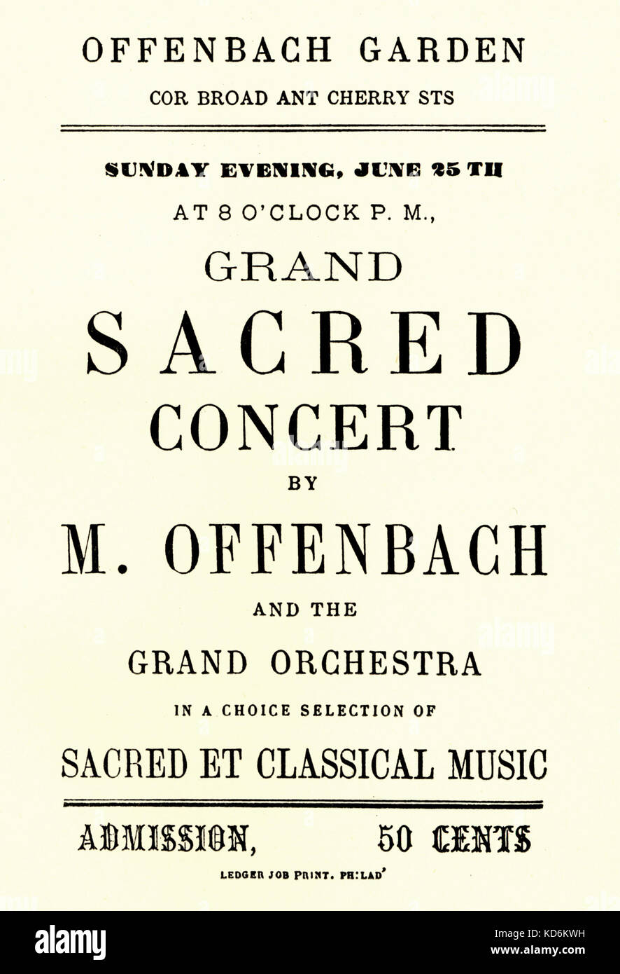 Jacques Offenbach - Programma del concerto di giardini di Offenbach, New York. 'Grand Concerto sacro da M. Offenbach e il Grand Orchestra in una scelta di sacro e di musica classica. Ammissione: 50 centesimi'. Tedesco/compositore francese, 20 Giugno 1819 - 5 ottobre 1880. Foto Stock