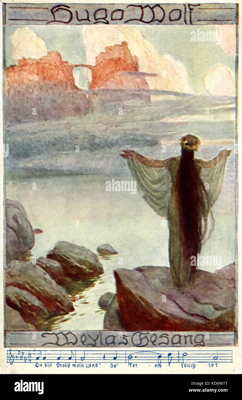 Hugo Wolf - song illustrazione mostrante una nixie (femmina acqua-elf o acqua-ninfa) permanente sulla scogliera che domina il mare, braccia tese. Il compositore austriaco. 13 Marzo 1860 - 22 febbraio 1903. MeylasGesang. cartolina Foto Stock