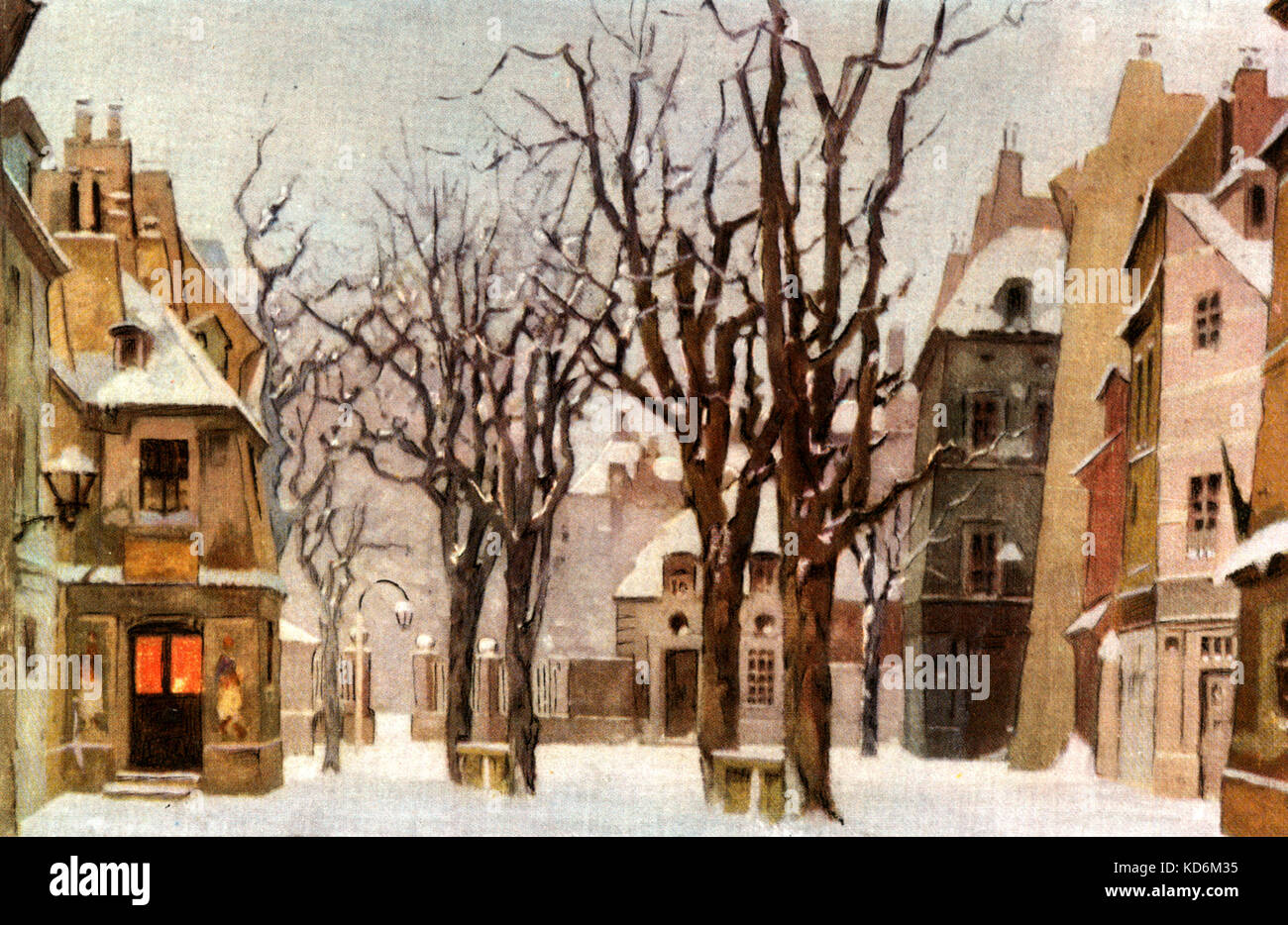 Giacomo Puccini opera ' La Bohème '. Originale design dello stadio ( set ) per atto III, da Adolf Hohenstein per la produzione del Teatro alla Scala di Milano (première 1896). Strada di neve. Compositore italiano, 23 Dicembre 1858 - 29 novembre 1924. Foto Stock