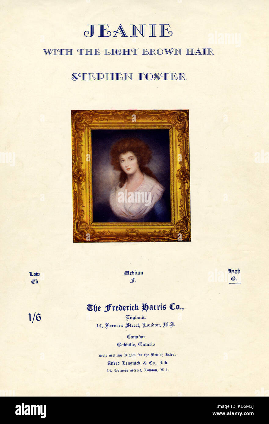 Stephen Foster canzone ' Jeanie con il marrone capelli ' (1854) cliente coperchio (voce e pianoforte). Ritratto incorniciato del XIX secolo la donna. Compositore Americano, 1826-1864. Pubblicato 1940 Frederick Harris Co. di Londra. Foto Stock