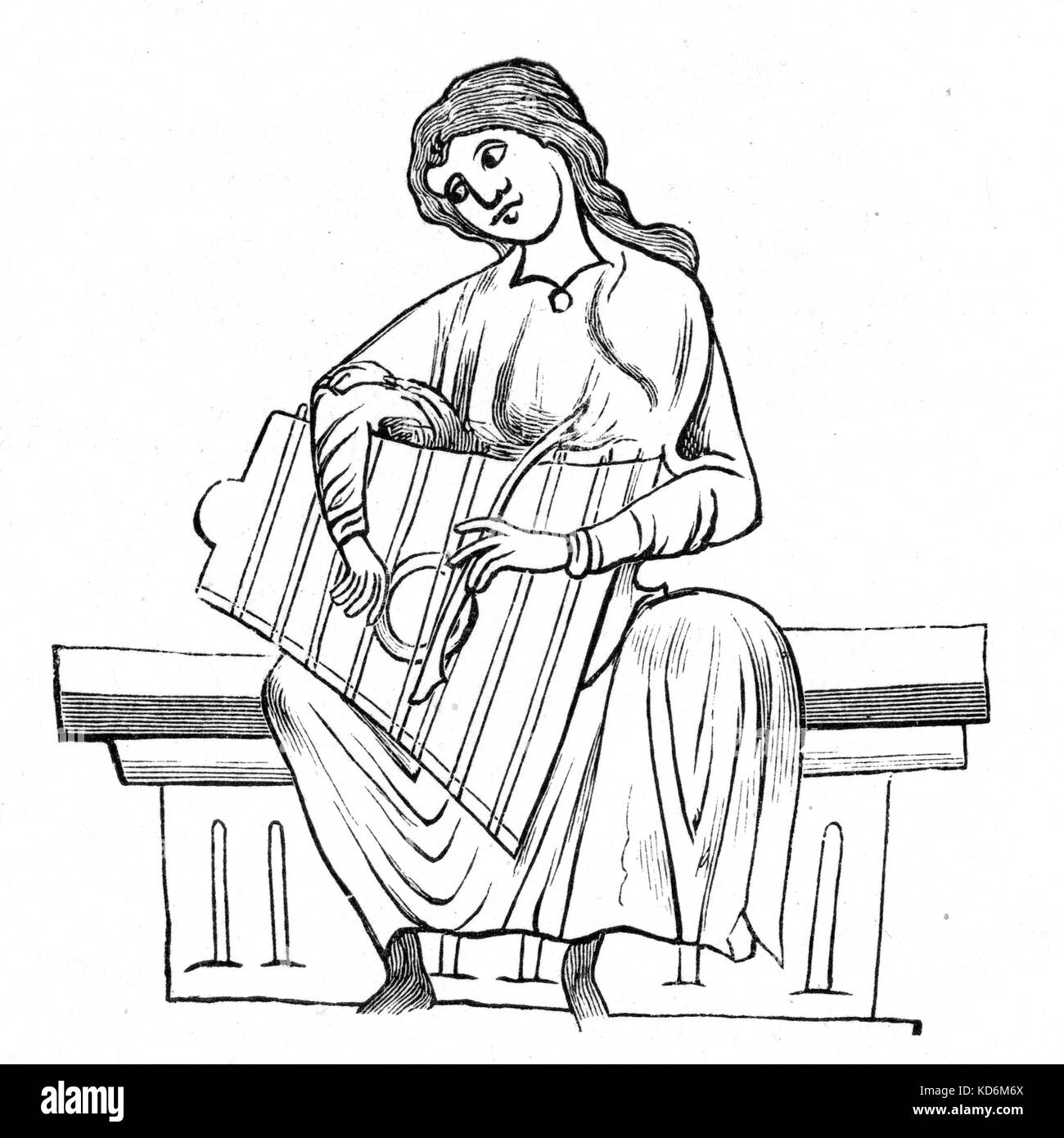 Signora irlandese la riproduzione del Salterio. Tredicesimo secolo disegno Medioevo Foto Stock