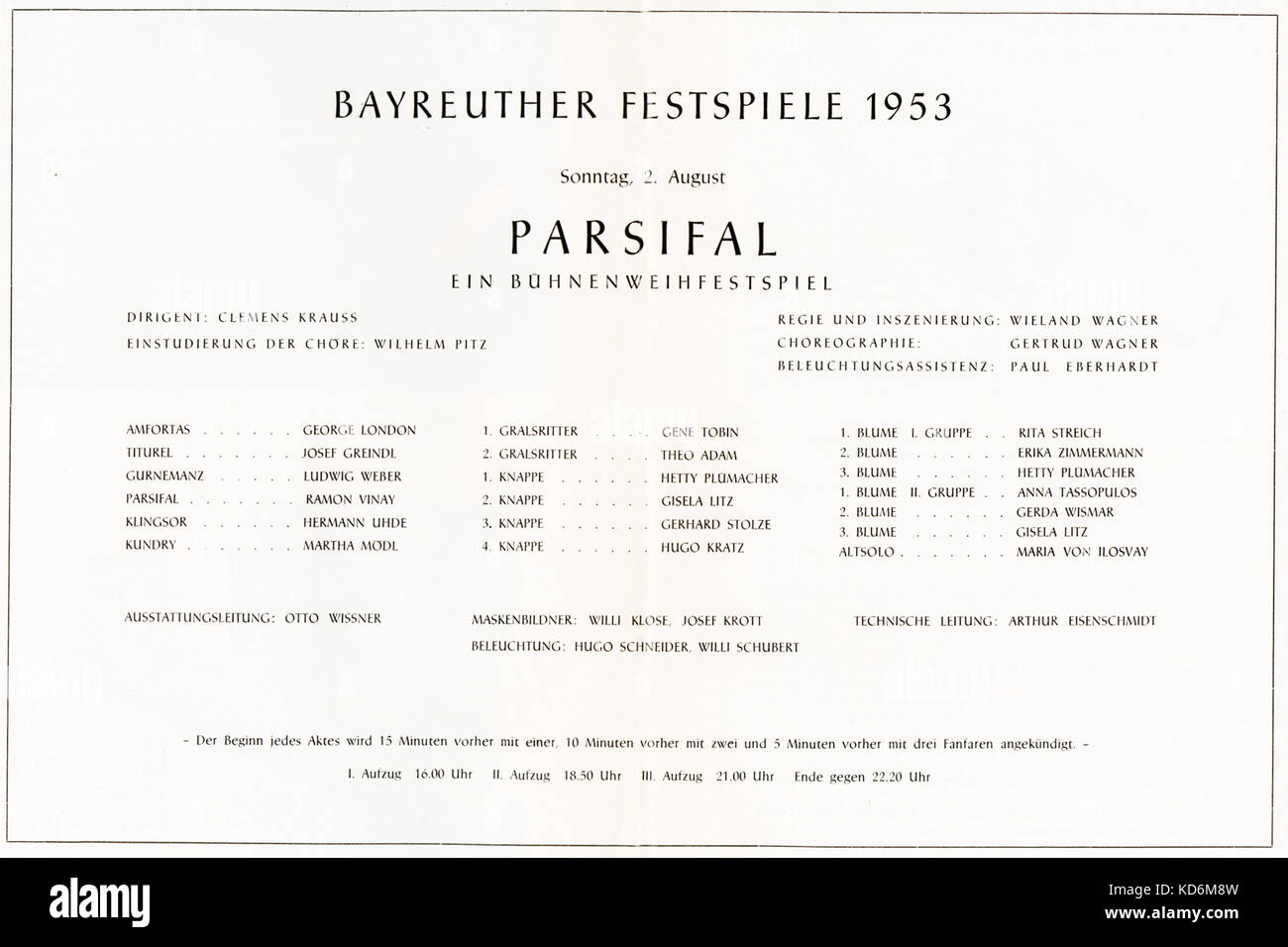 Elenco del cast per la produzione di Wagner Parsifal ' ', Bayeuth Festival House, 1953. Diretto da Wieland Wagner, condotti da Clemens Krauss - con George Londra, Raman Vinay e Martha modl. Foto Stock