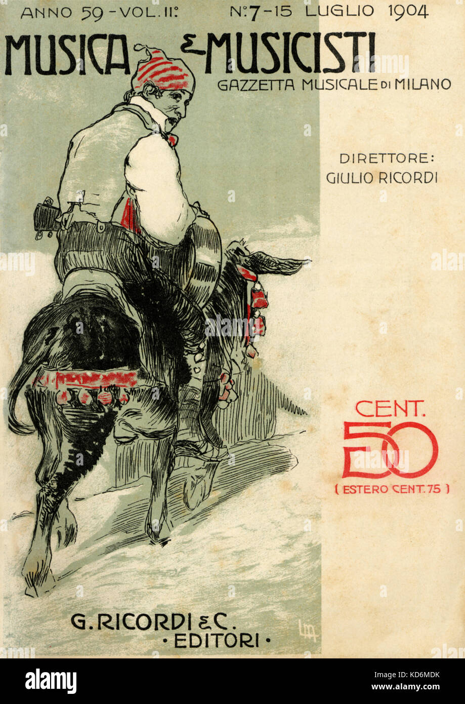 Coprire la musica italiana rivista, ' Musica e musicisti ' , la Gazzetta musicale di Milano, dotato di uomo spagnolo sul suo asino, suonare la chitarra. Foto Stock