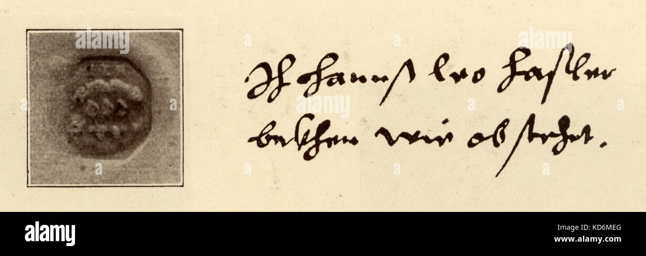 Hans Leo Hassler 's guarnizione e firma, da un interesse quietanzate conto a nome dei fratelli Fugges, 1594. Compositore tedesco. 1564-1612 Foto Stock