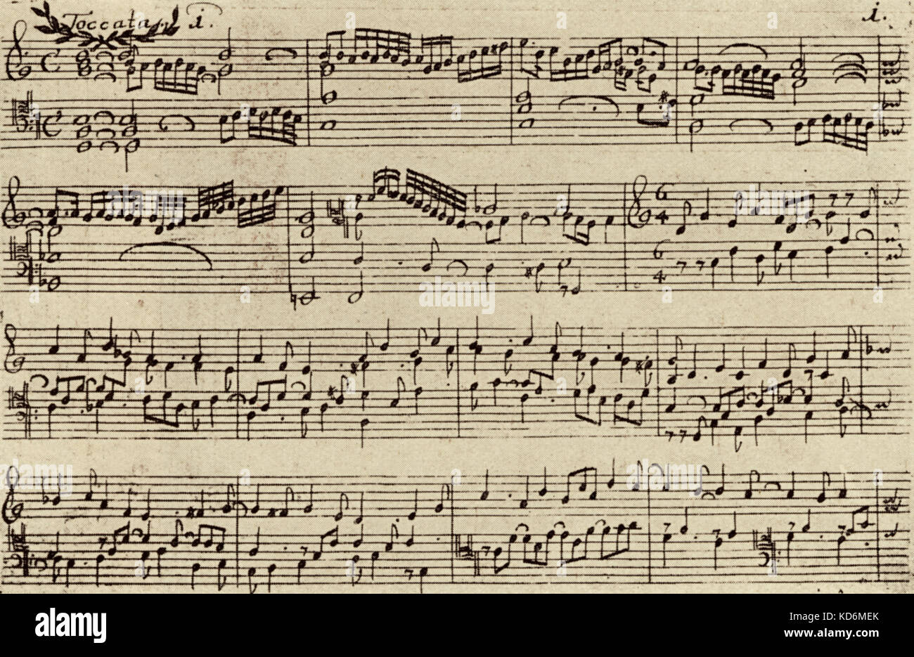 Johann Jacob Froberger 's punteggio al suo ' Toccata I ' da il lavoro stampato ' partizioni di Toccate, canzone, ricercate di Cimbali, Pergamo e Instromenti ', Mainz, 1693. Pianista tedesco, comandante della clavier e organo e il compositore. 19 Maggio 1616 - 7 maggio 1667. Foto Stock