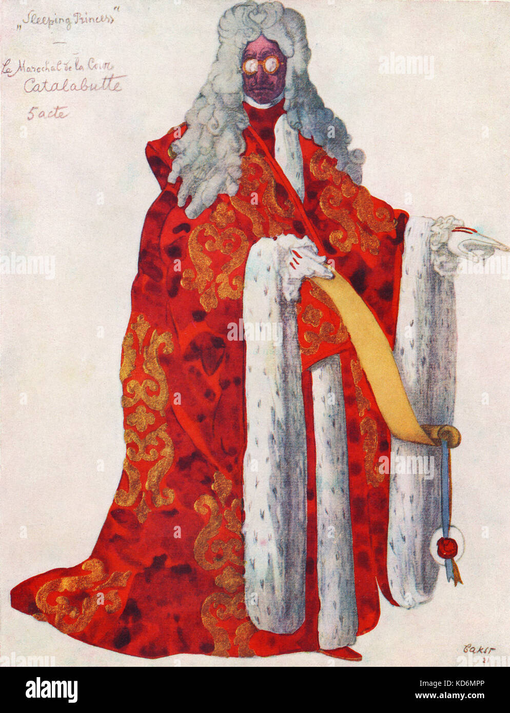 Costume per 'Catalabutte', Marshall della Corte in ' la principessa dorme ', balletto alla musica di Tchaikovsky con variazioni da Stravinsky - programma di souvenir da Alhambra Theatre London produzione, con disegni dei costumi da Leon Bakst, 1921. (1866-1924) . Ciaicovskij, il compositore russo, 7 maggio 1840 - 6 novembre 1893. Stravinsky, il compositore russo, 17 Giugno 1882 - 6 aprile 1971. Foto Stock