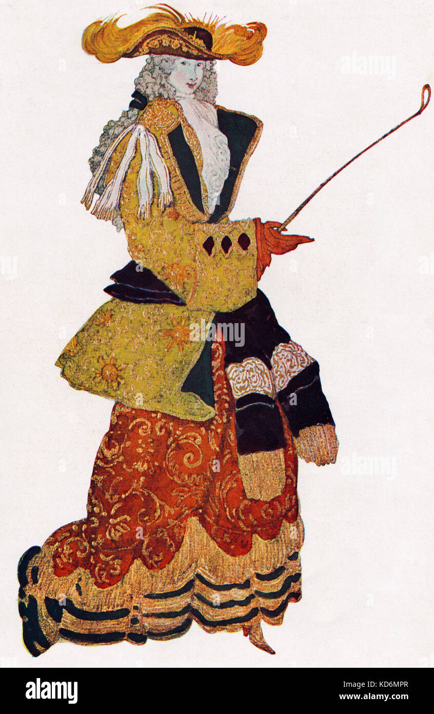 Costume per uno dei cinque duchesse in ' la principessa dorme ', balletto alla musica di Tchaikovsky con variazioni da Stravinsky - programma di souvenir da Alhambra Theatre London produzione, con disegni dei costumi da Leon Bakst, 1921. (1866-1924) . Ciaicovskij, il compositore russo, 7 maggio 1840 - 6 novembre 1893. Stravinsky, il compositore russo, 17 Giugno 1882 - 6 aprile 1971. Foto Stock