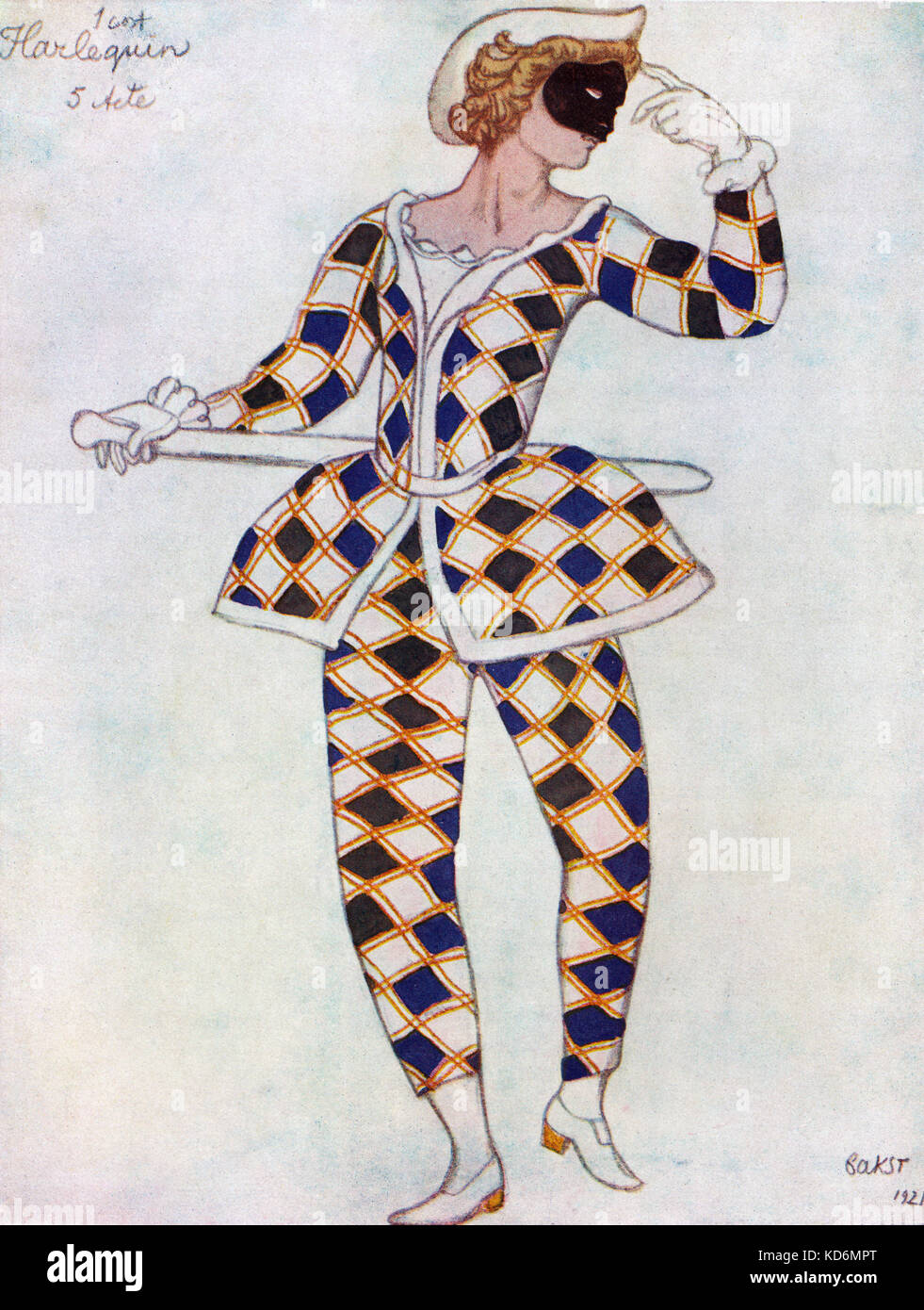 Costume per l'Arlecchino in ' la principessa dorme ', balletto alla musica di Tchaikovsky con variazioni da Stravinsky - programma di souvenir da Alhambra Theatre London produzione, con disegni dei costumi da Leon Bakst, 1921. (1866-1924) . Ciaicovskij, il compositore russo, 7 maggio 1840 - 6 novembre 1893. Stravinsky, il compositore russo, 17 Giugno 1882 - 6 aprile 1971. Foto Stock