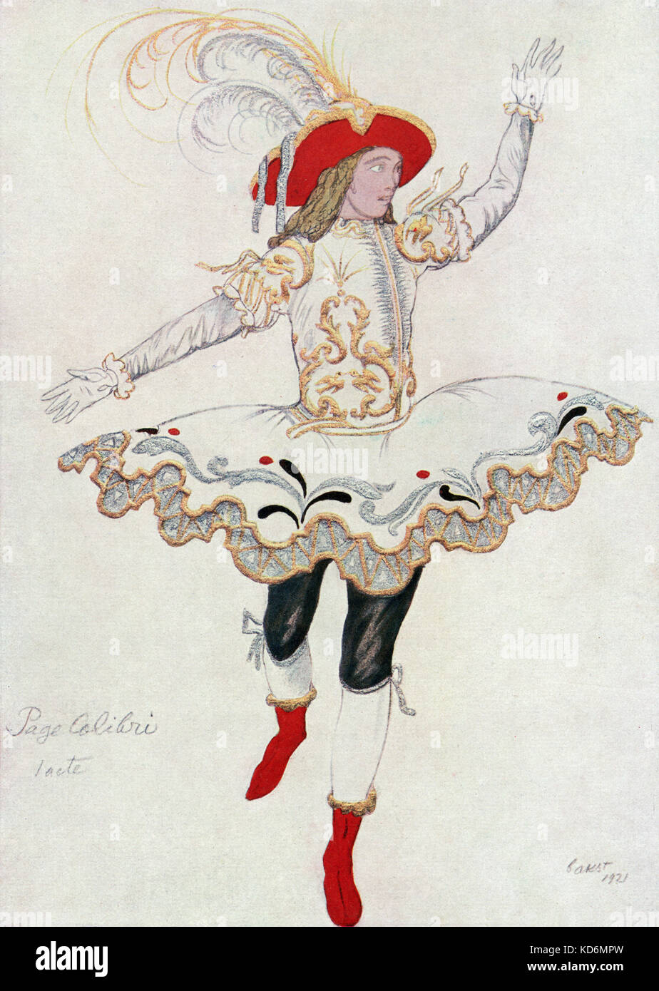 Costume per la pagina della fata 'Colibri' in ' la principessa dorme ', balletto alla musica di Tchaikovsky con variazioni da Stravinsky - programma di souvenir da Alhambra Theatre London produzione, con disegni dei costumi da Leon Bakst, 1921. (1866-1924) . Ciaicovskij, il compositore russo, 7 maggio 1840 - 6 novembre 1893. Stravinsky, il compositore russo, 17 Giugno 1882 - 6 aprile 1971. Foto Stock
