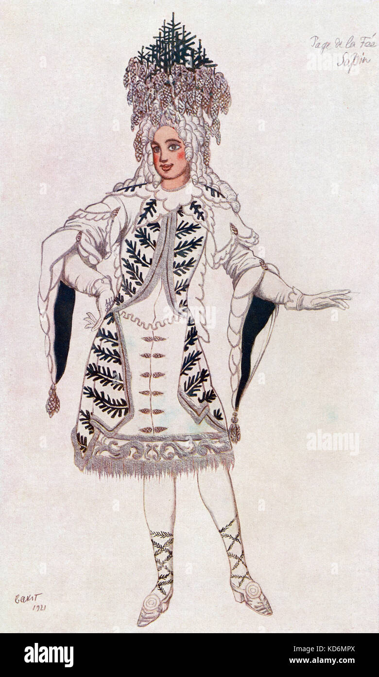 Costume per la pagina della fata "Pino' in ' la principessa dorme ', balletto alla musica di Tchaikovsky con variazioni da Stravinsky - programma di souvenir da Alhambra Theatre London produzione, con disegni dei costumi da Leon Bakst, 1921. (1866-1924) . Ciaicovskij, il compositore russo, 7 maggio 1840 - 6 novembre 1893. Stravinsky, il compositore russo, 17 Giugno 1882 - 6 aprile 1971. Foto Stock