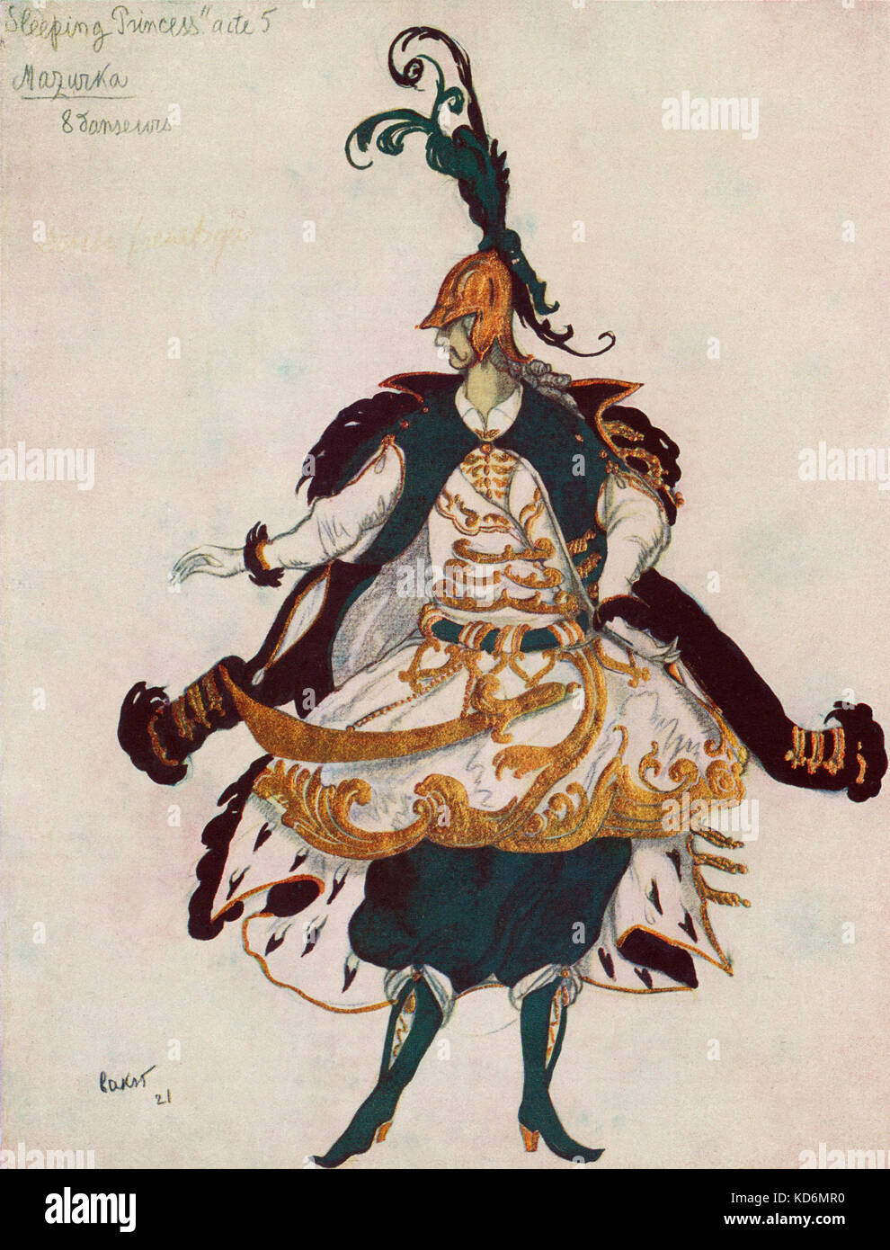 Costume per la Mazurka ballerino in ' la principessa dorme ', balletto alla musica di Tchaikovsky con variazioni da Stravinsky - programma di souvenir da Alhambra Theatre London produzione, con disegni dei costumi da Leon Bakst, 1921. (1866-1924) . Ciaicovskij, il compositore russo, 7 maggio 1840 - 6 novembre 1893. Stravinsky, il compositore russo, 17 Giugno 1882 - 6 aprile 1971. Foto Stock