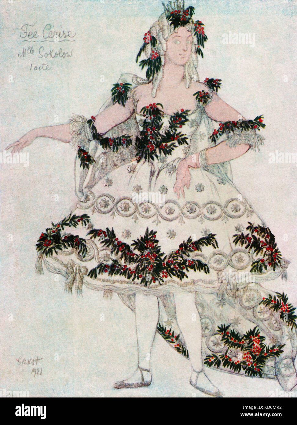 Costume per il Cherry-Fairy in ' la principessa dorme ', balletto alla musica di Tchaikovsky con variazioni da Stravinsky - programma di souvenir da Alhambra Theatre London produzione, con disegni dei costumi da Leon Bakst, 1921. (1866-1924) . Ciaicovskij, il compositore russo, 7 maggio 1840 - 6 novembre 1893. Stravinsky, il compositore russo, 17 Giugno 1882 - 6 aprile 1971. Foto Stock