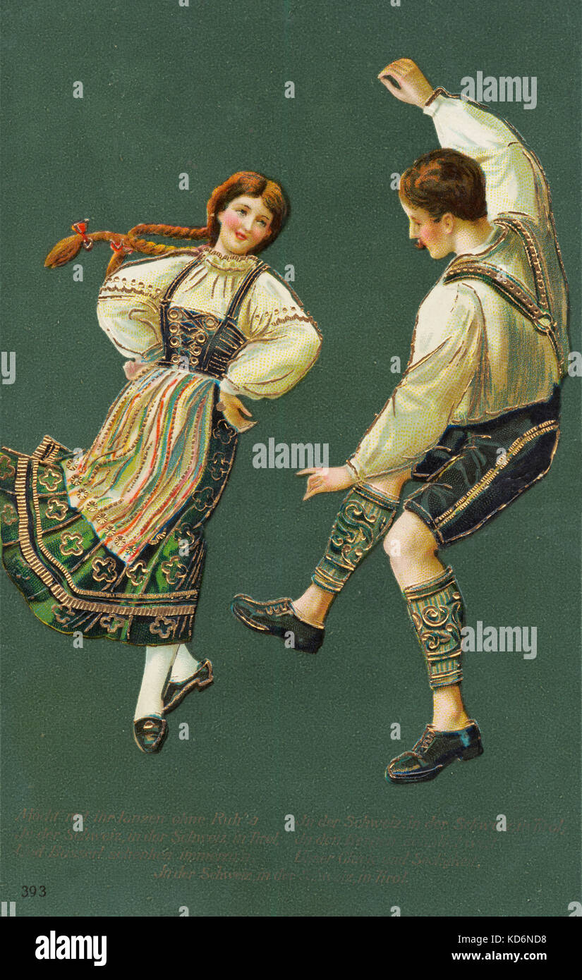 Il tedesco ballerini. Bavaria indossando lederhosen e grembiule ricamato Foto Stock