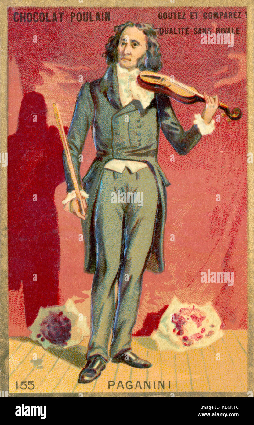 Niccolò Paganini - Ritratto in piedi con violino, mazzi di fiori ai suoi piedi. L'Italiano violinista e compositore 18 Febbraio 1784 - 27 maggio 1840. Fonte: scheda prodotto da Chocolat Poulain. Foto Stock