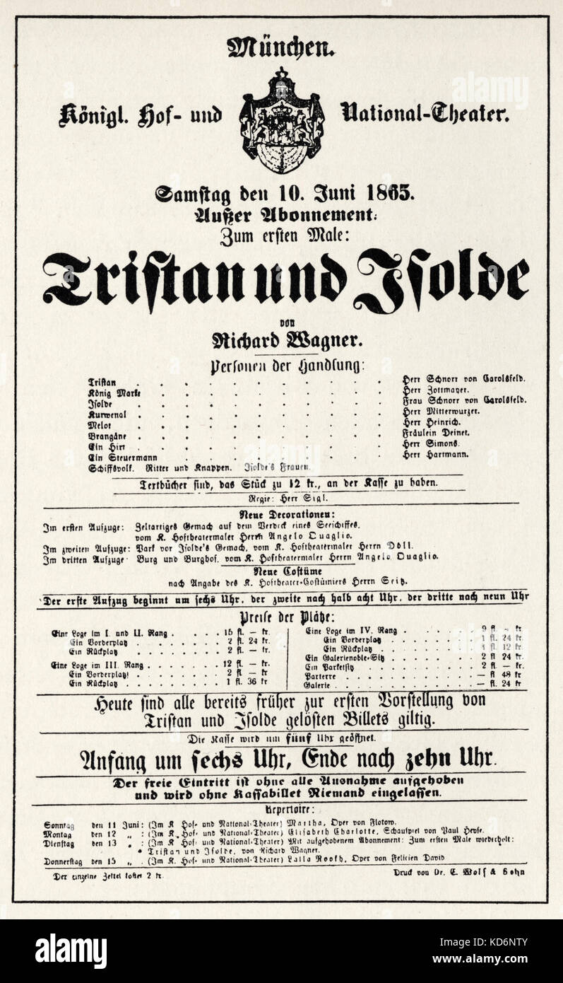 Richard Wagner 's Tristan und Isolde, bando pubblicità premiere il 10 giugno 1865 a Monaco di Baviera. Compositore tedesco & autore, 22 maggio 1813 - 13 febbraio 1883. Foto Stock
