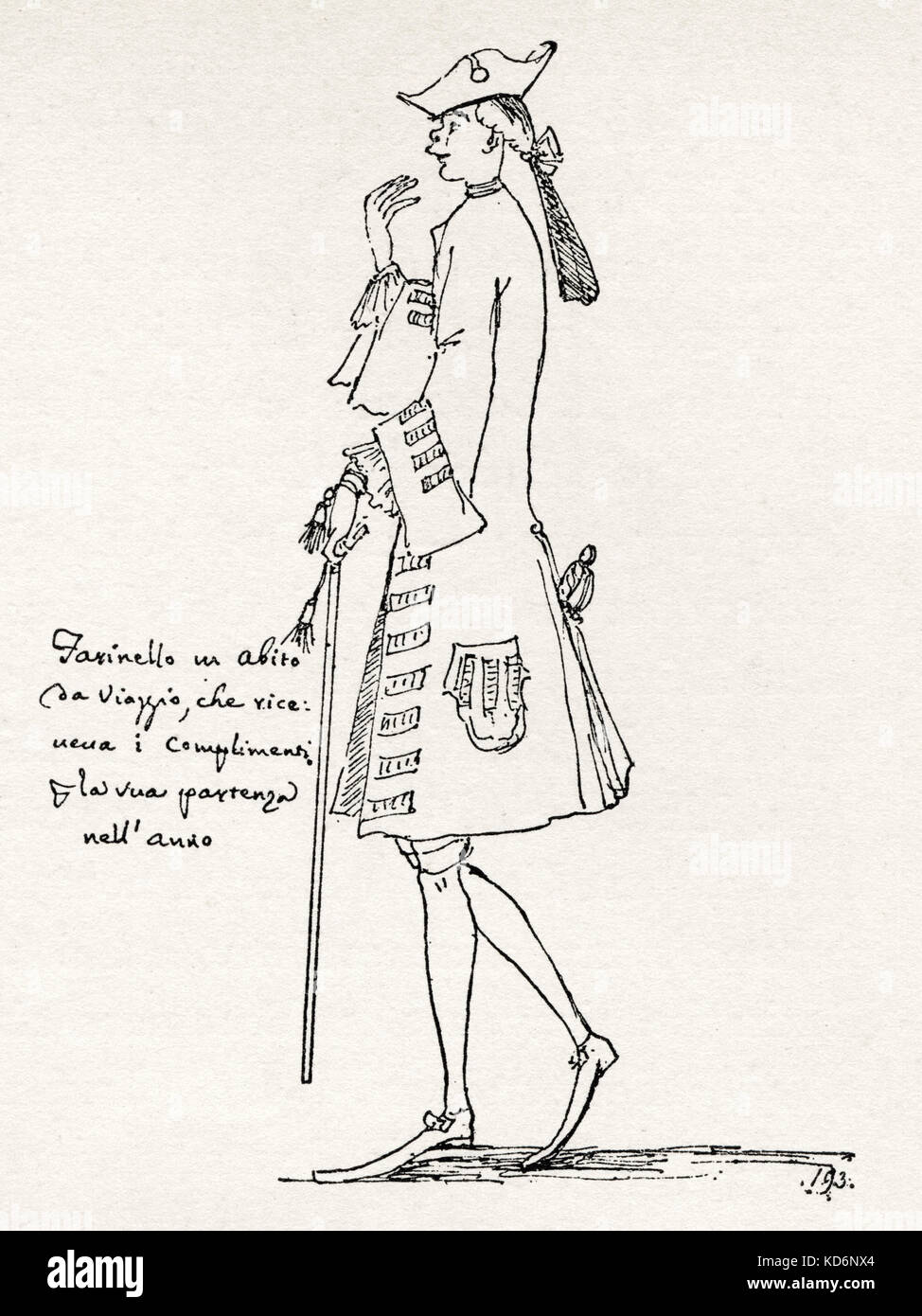 Farinelli in costume - disegno contemporaneo. Maschio italiano soprano - castrati castrato 1705-1782. Foto Stock