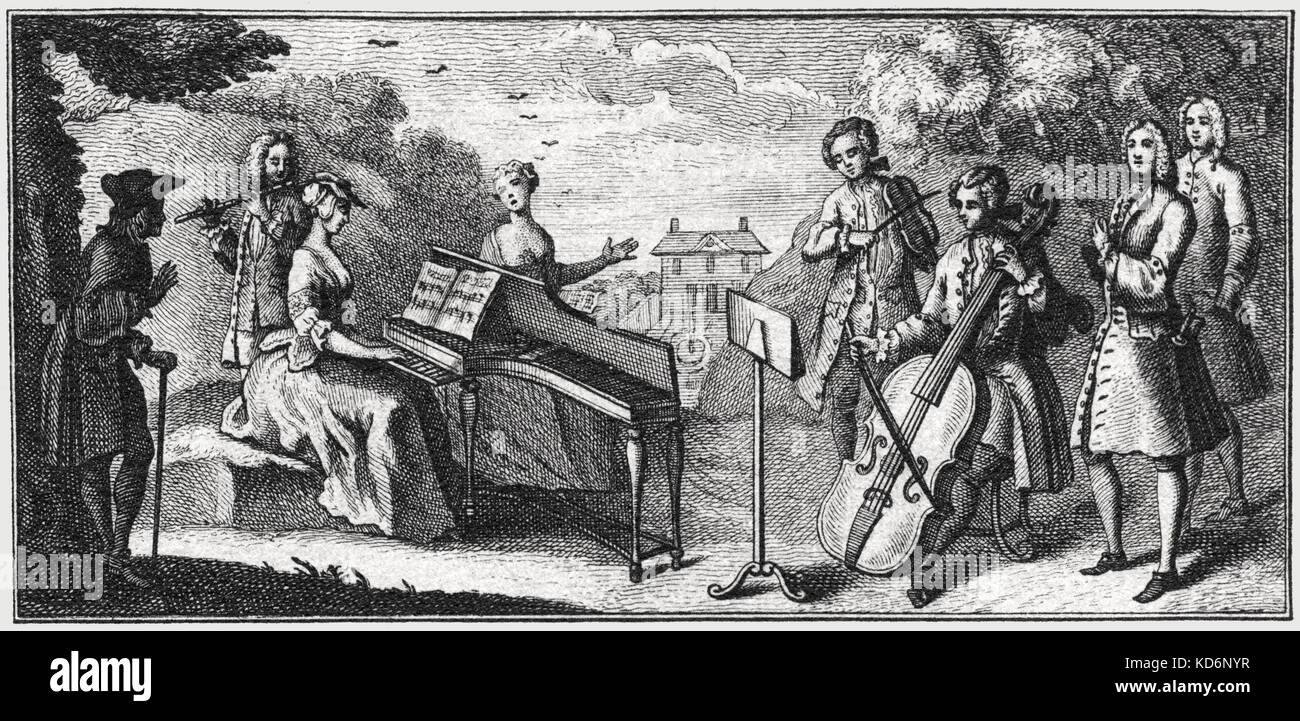 Musica da camera dal quartetto Bickham musicale del presentatore, 1738. flauto, pianoforte, viola da gamba, viola d'amore. Foto Stock
