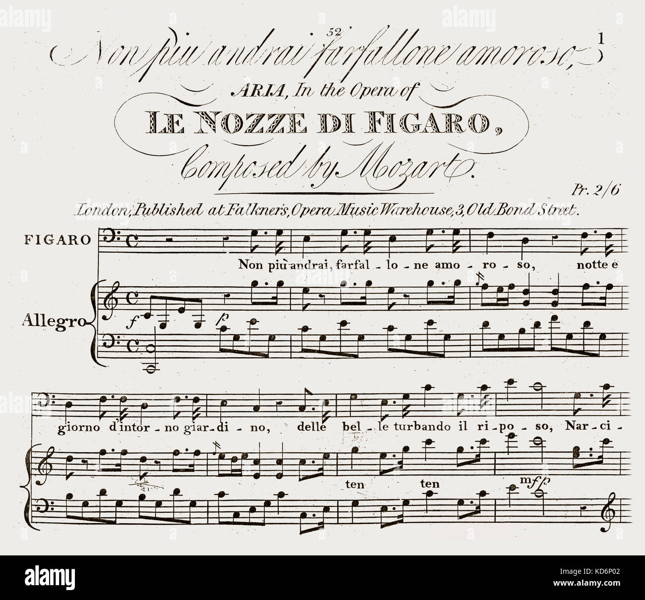 Wolfgang Amadeus Mozart 's Le Nozze di Figaro (Le Nozze di Figaro) - Aria  iniziano con 'Non piu andrai, farfallone amoroso'. Opera libretto, xix  secolo. Pubblicato da Birchall, Londra, 1824. Il compositore