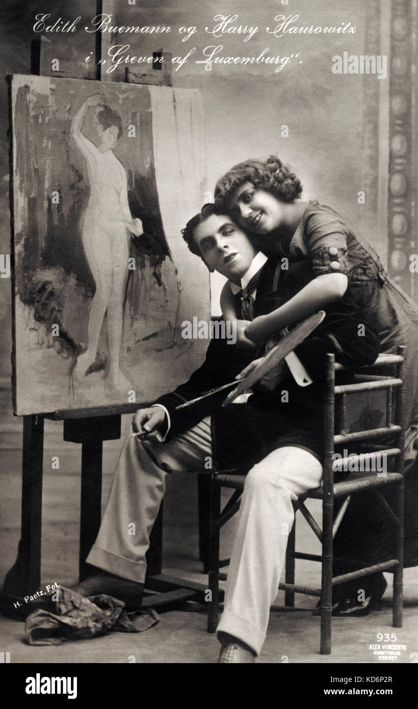 Edith Buemann e Harry Haurowitz in Franz Lehàr's 1909 operetta " Il conte di Lussemburgo". Compositore austro-ungarico, 30 Aprile 1870 - 24 ottobre 1948. Cartolina danese. Foto Stock