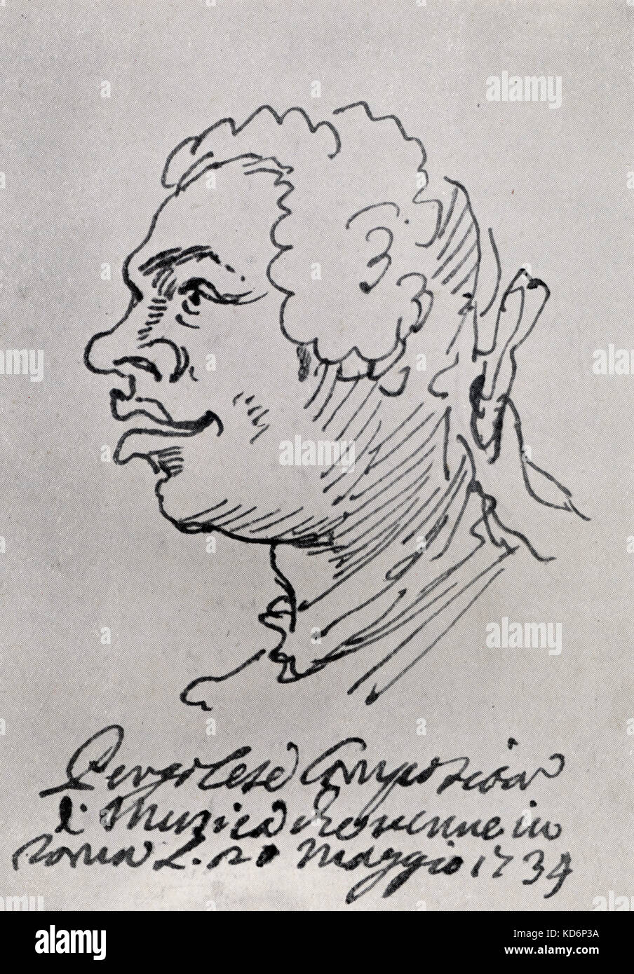 Giovanni Battista Pergolesi - caricatura del compositore italiano, violinista e organista dall artista italiano Pier Leone Ghezzi. GP: 4 gennaio 1710 - 16 Marzo 1736. PG: 1674 - 1755. Foto Stock