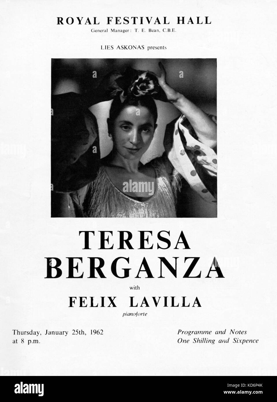 Teresa Berganza - ritratto della spagnola la cantante lirica sul coperchio del programma per un concerto presso la Royal Festival Hall di Londra con Felix Lavilla (marito), 25 gennaio 1962. TB: mezzo-soprano, b. Il 16 marzo 1935. FL: spagnolo di pianista. Foto Stock
