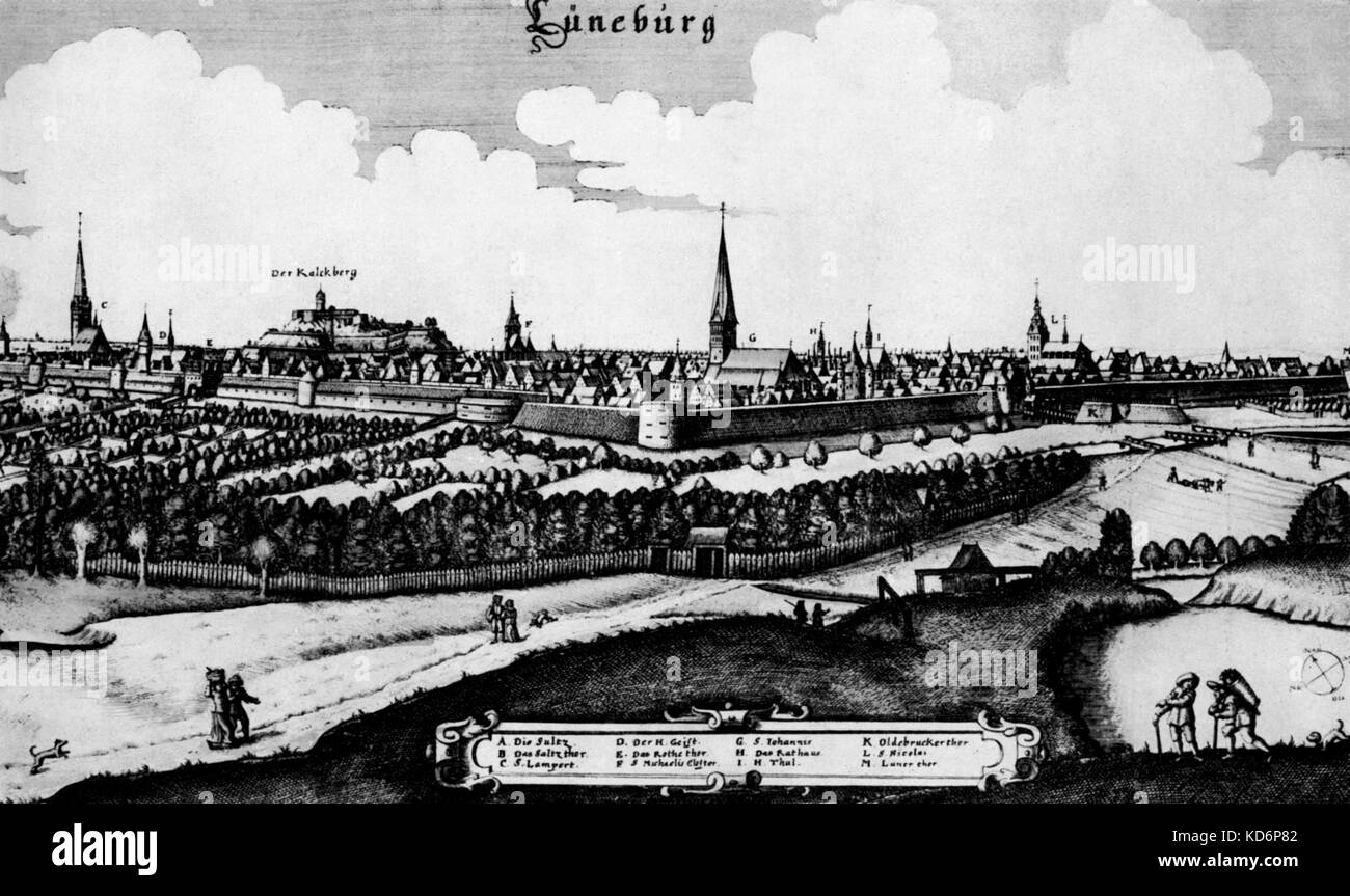 Panoramica di Luneberg. Johann Sebastian Bach si trasferì a Luneberg nel marzo 1700 guglie della chiesa. Vista del paesaggio. Foto Stock